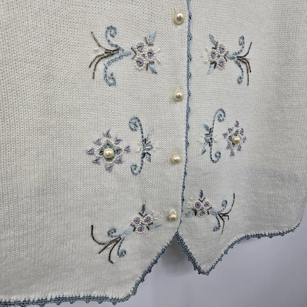 Vintage Koret Embroidered Sweater Vest Women 2X Ivory Beads Boho Cottage Grandma
